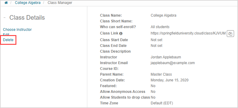 In the Class Manager, Delete is the third link under the Class Details pane on the left.